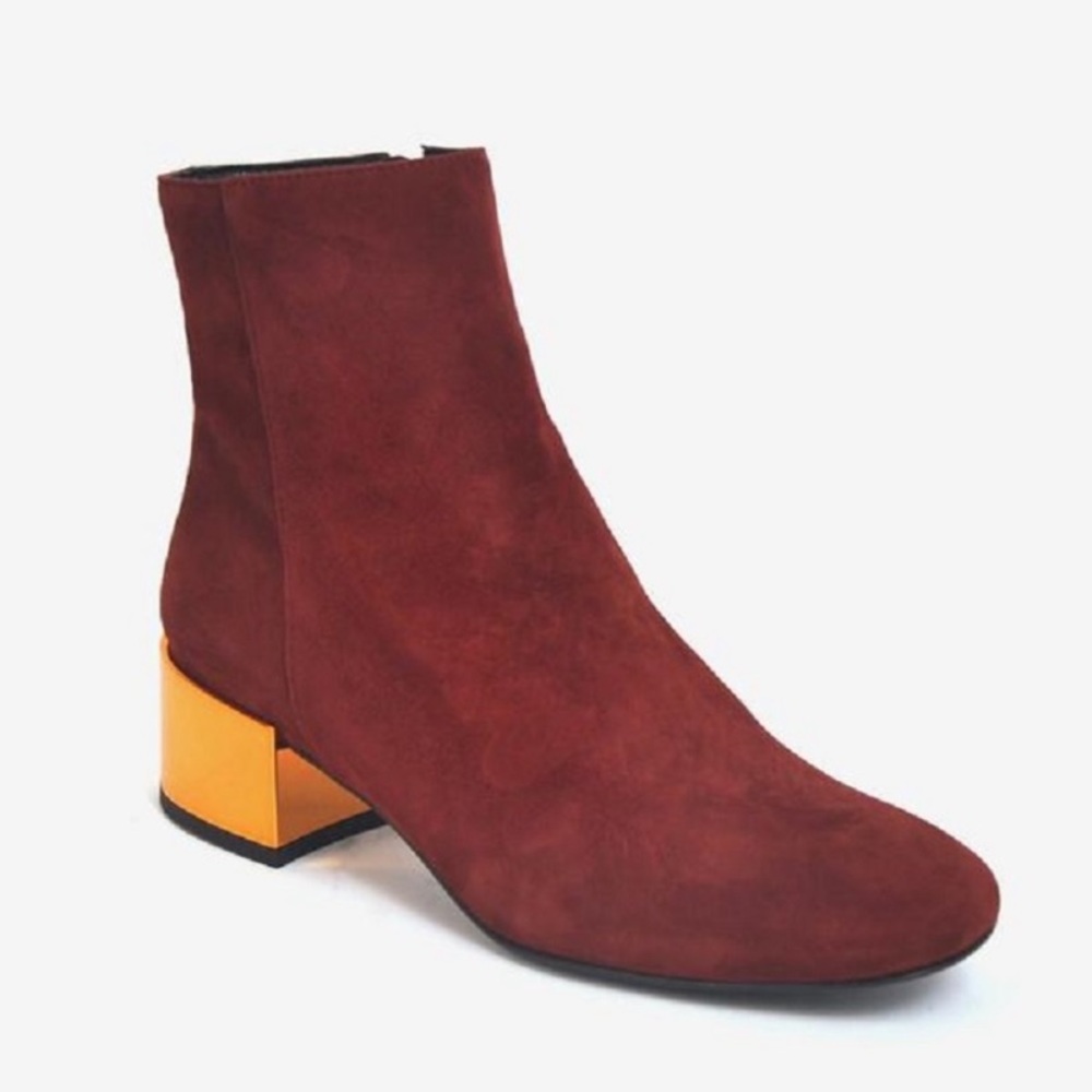 Ivy Kirzhner Maroon-Red Suede Booties With Rose Gold Heel